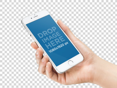 iPhone Mockup Being Held in an Angled Position Over a Solid Backdrop a10769