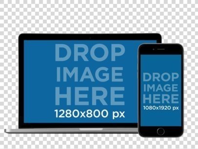 iPhone in Portrait Position and MacBook Pro Over a PNG Background Mockup a12314